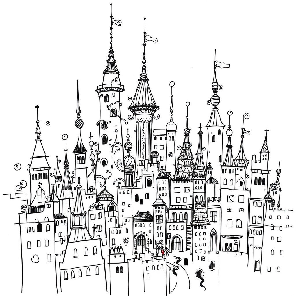 Detailed Black and White Doodle City Sketch
