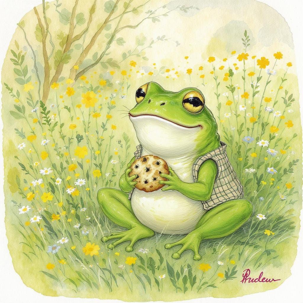 Delighted Frog with Fly Cookie, Whimsical Illustration