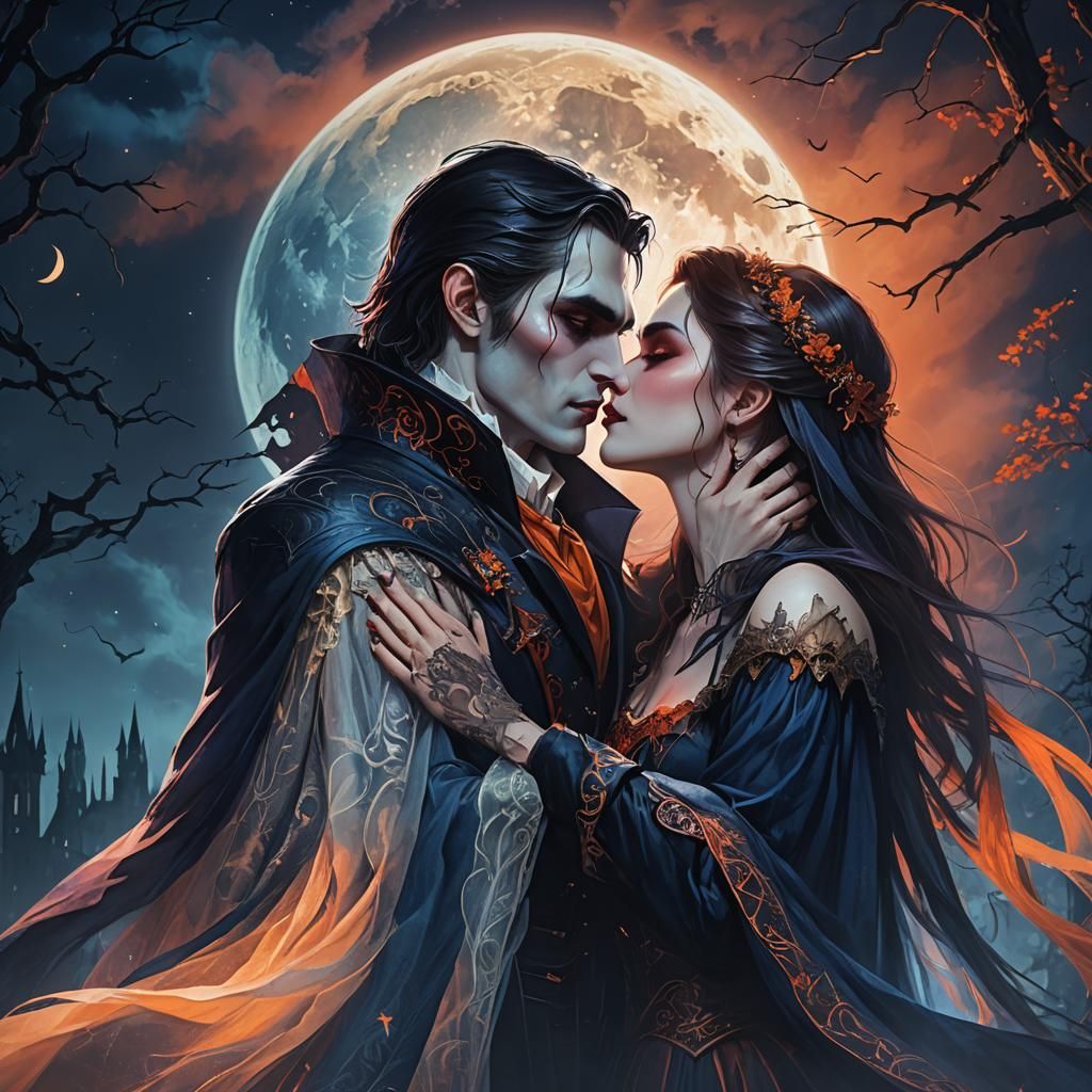 Vampire Couple's Kiss Under the Moonlight