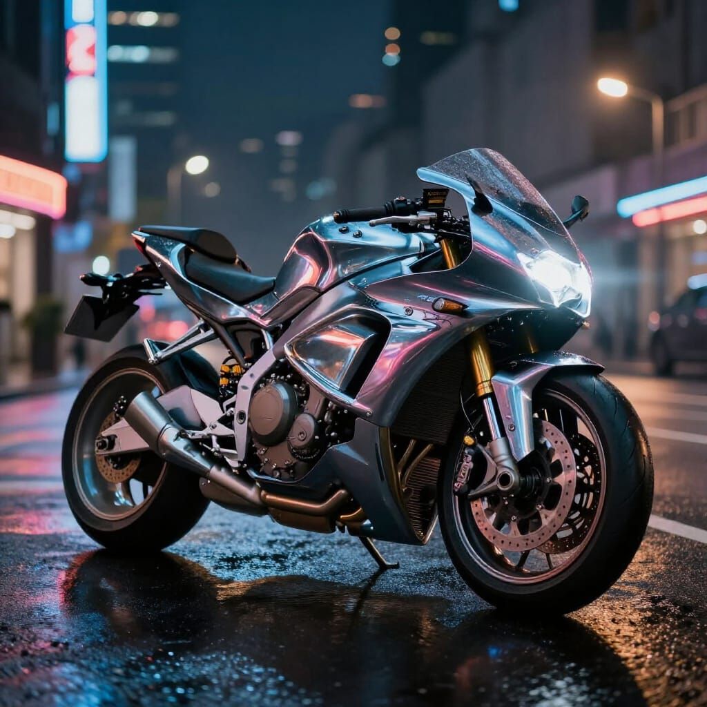 Futuristic Super Motorbike on Neon City Street