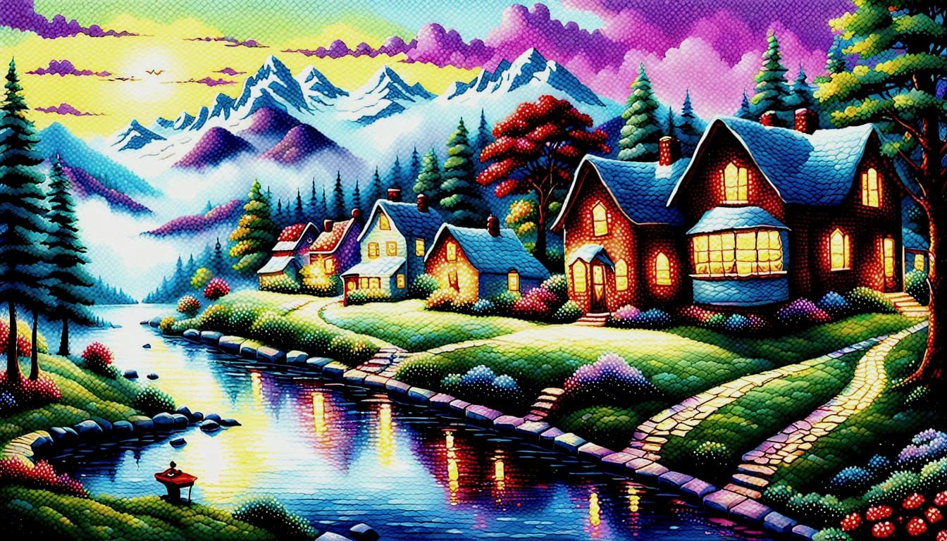 Quilted Landscape in Kinkade Style