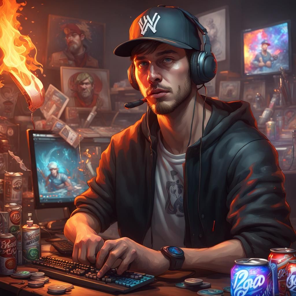 Handsome Gamer at Computer Desk Concept Art