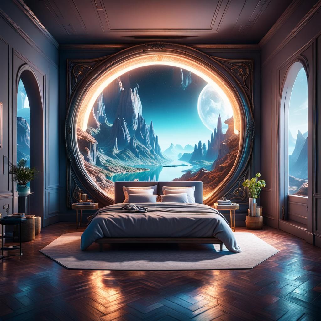 Dreamscape Mirror Portal in Bedroom, 3D Render
