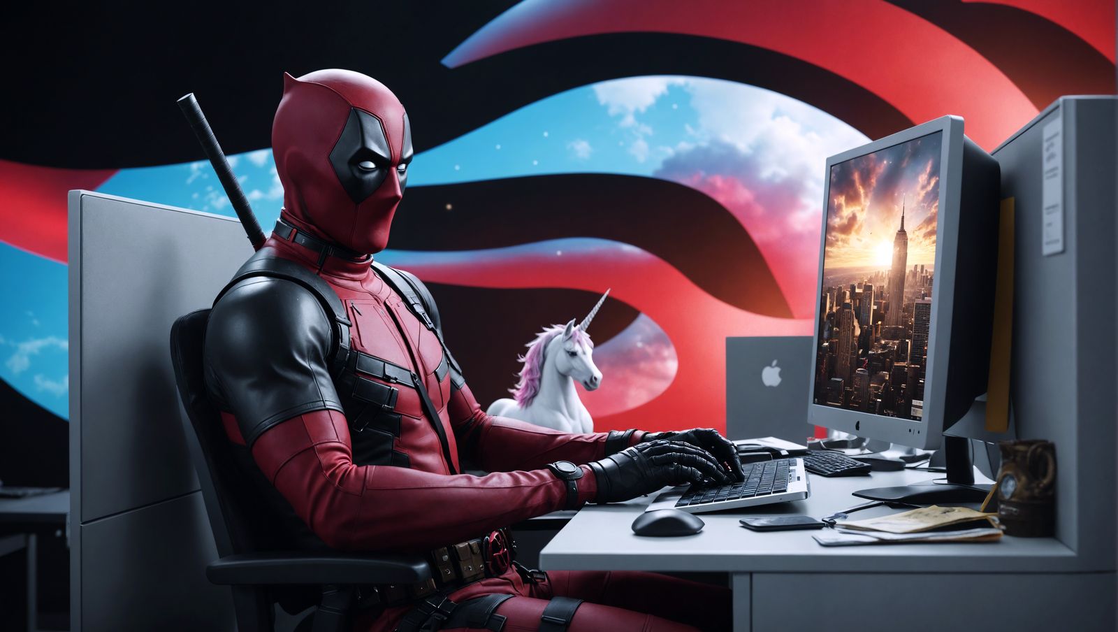 Deadpool in an Office Cubicle with Unicorn