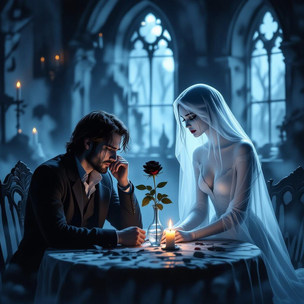 Lost Love: Man and Ghostly Woman in Gothic Ruin