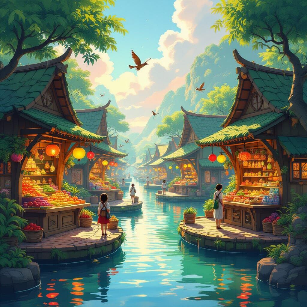 Whimsical Floating Marketplace with Exotic Life