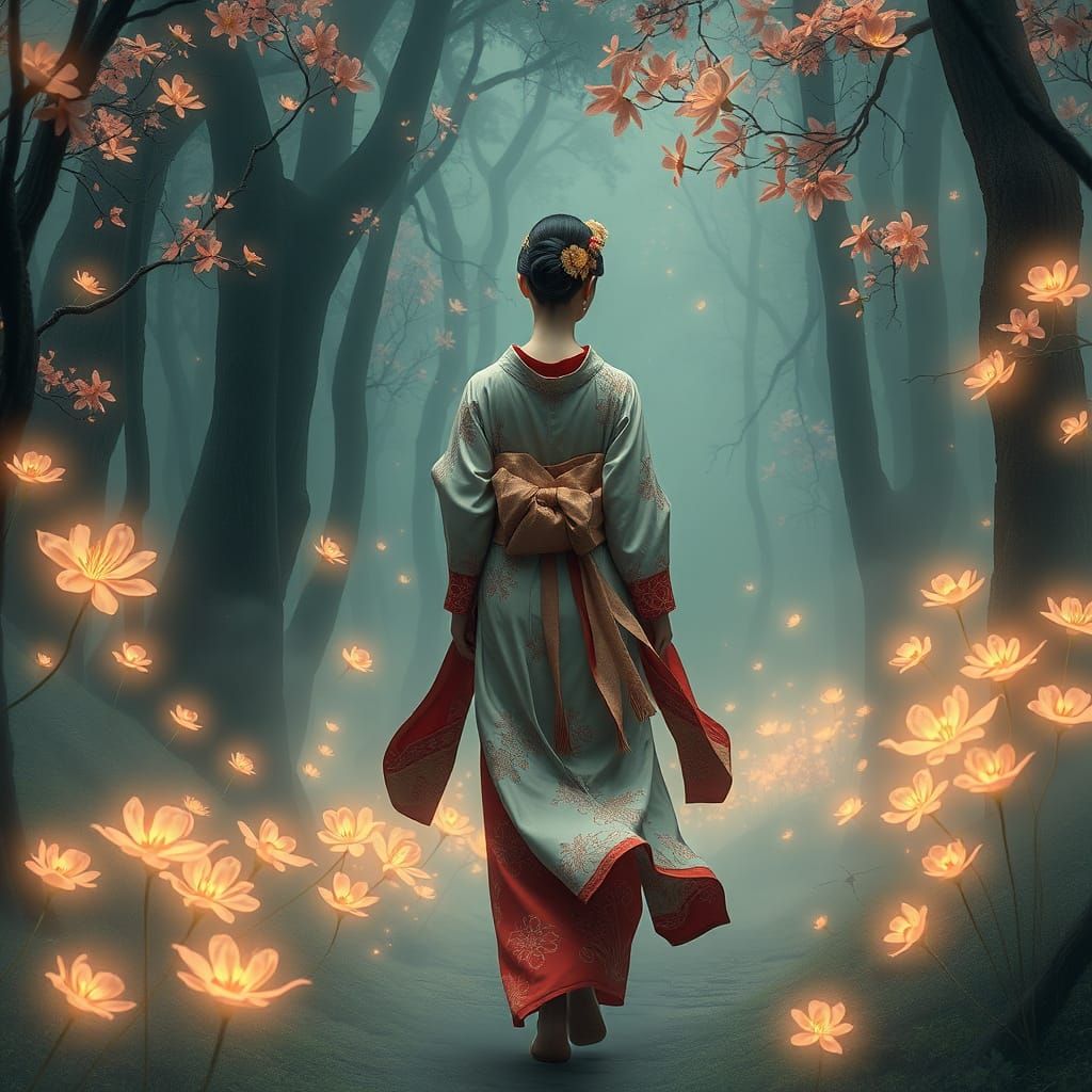 Ethereal Geisha in a Psychedelic Forest