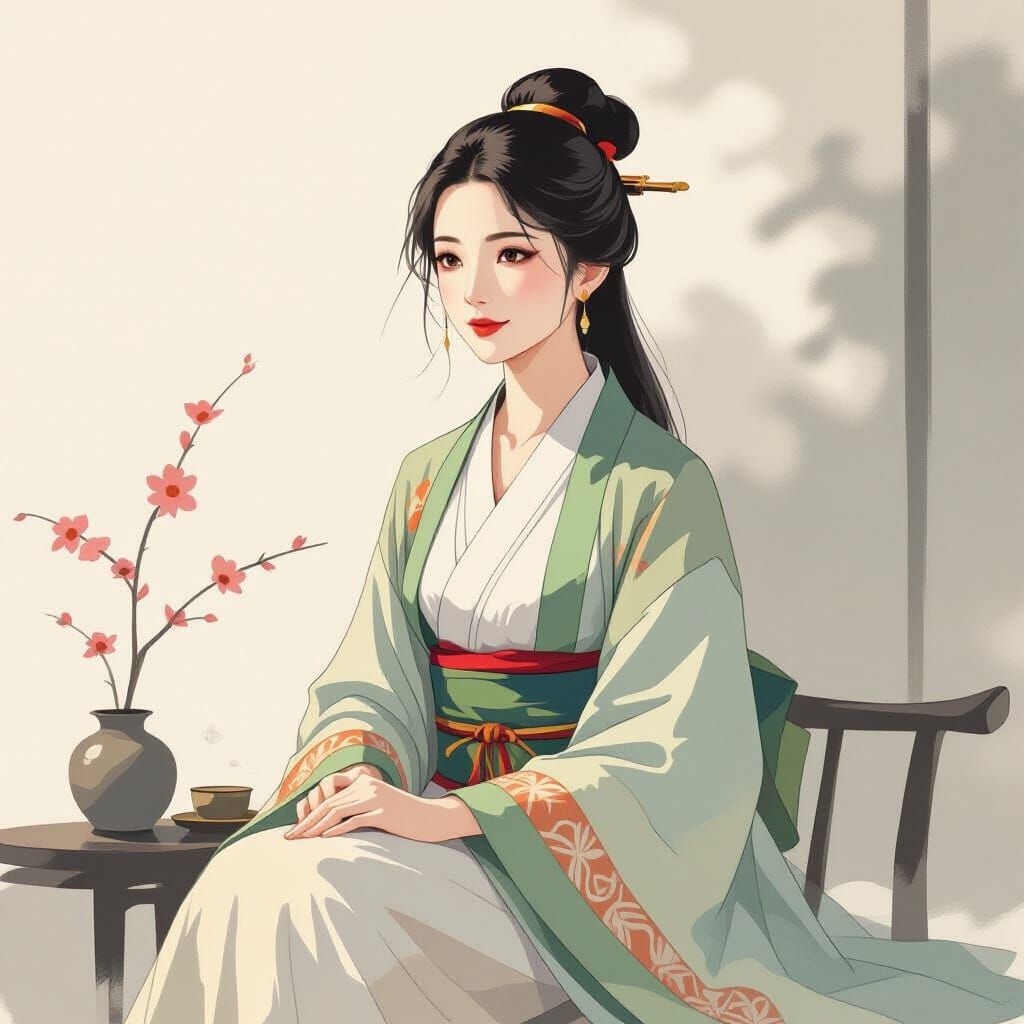 Wise Woman in Atmospheric Landscape, Inspired by Eastern Art