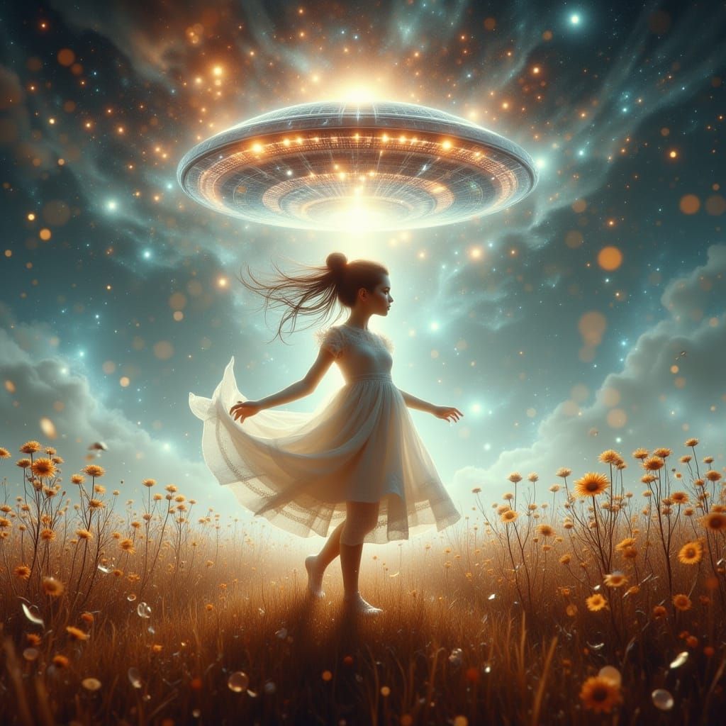 Ethereal Girl in Misty Field Under UFO Glow