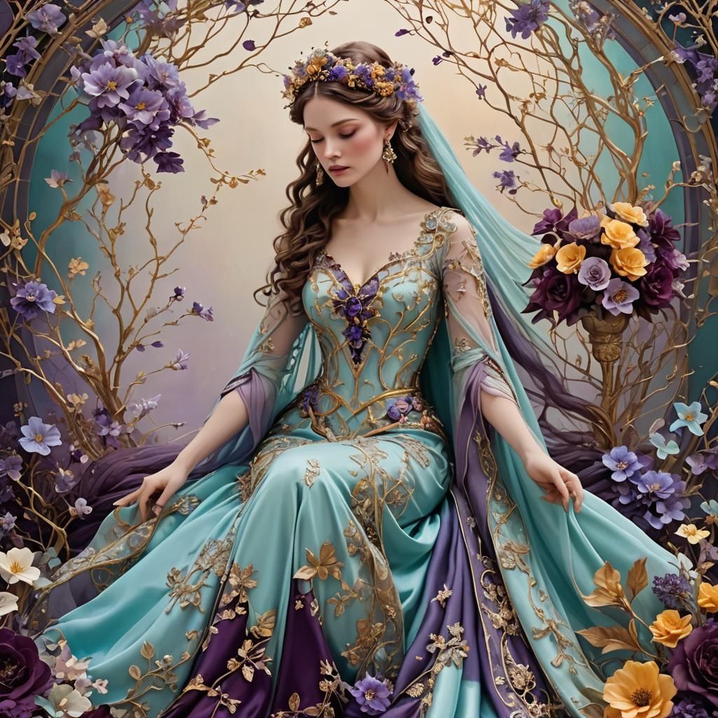 Ethereal Maiden in Shimmering Floral Fantasy