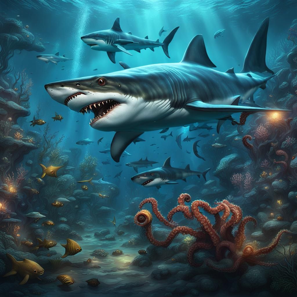 Underwater War: Shark Versus Octopus in Deep Color