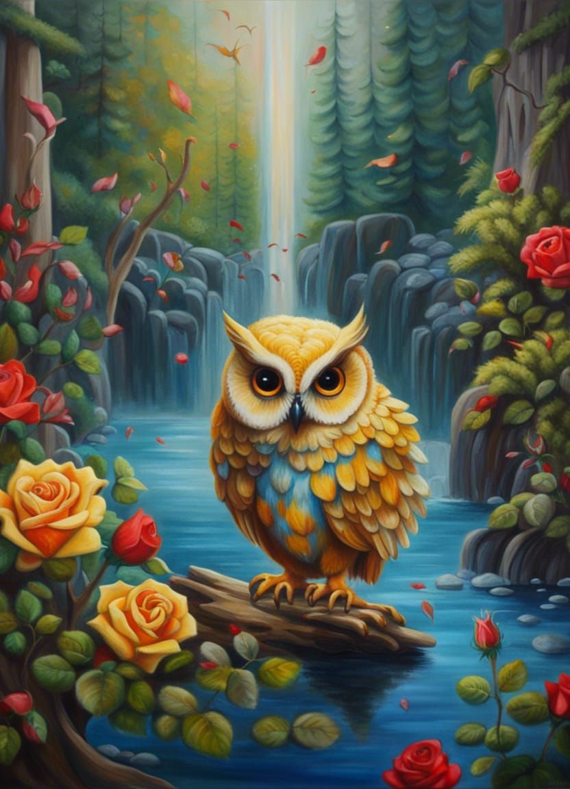 Whimsical Owl by Lake with Lush Flowers