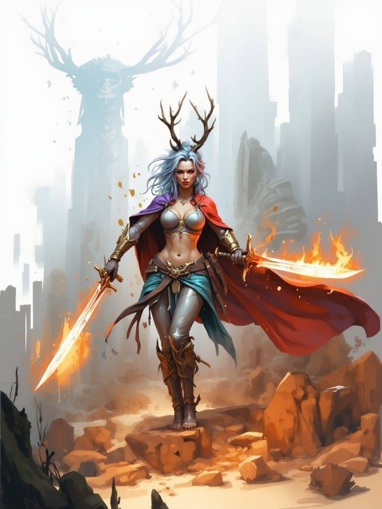 Fantasy Fire Goddess with Swords, Comic Book Art