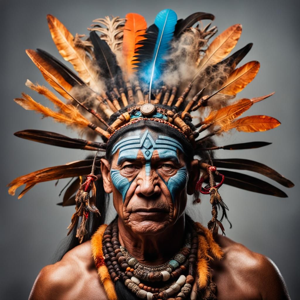 Amazonian Shaman Portrait with Four Elements Symbols