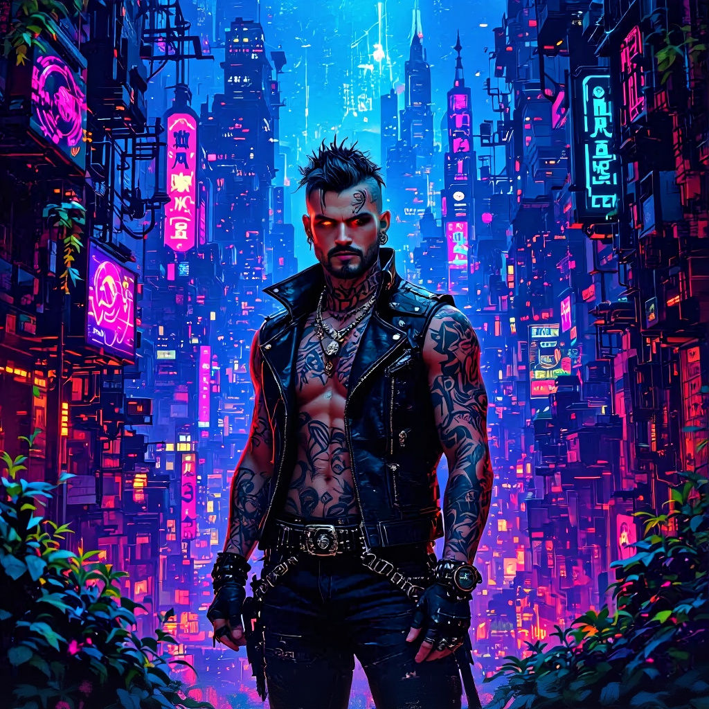 Tattooed Goth Guy in Shimmering Aetherpunk Scene