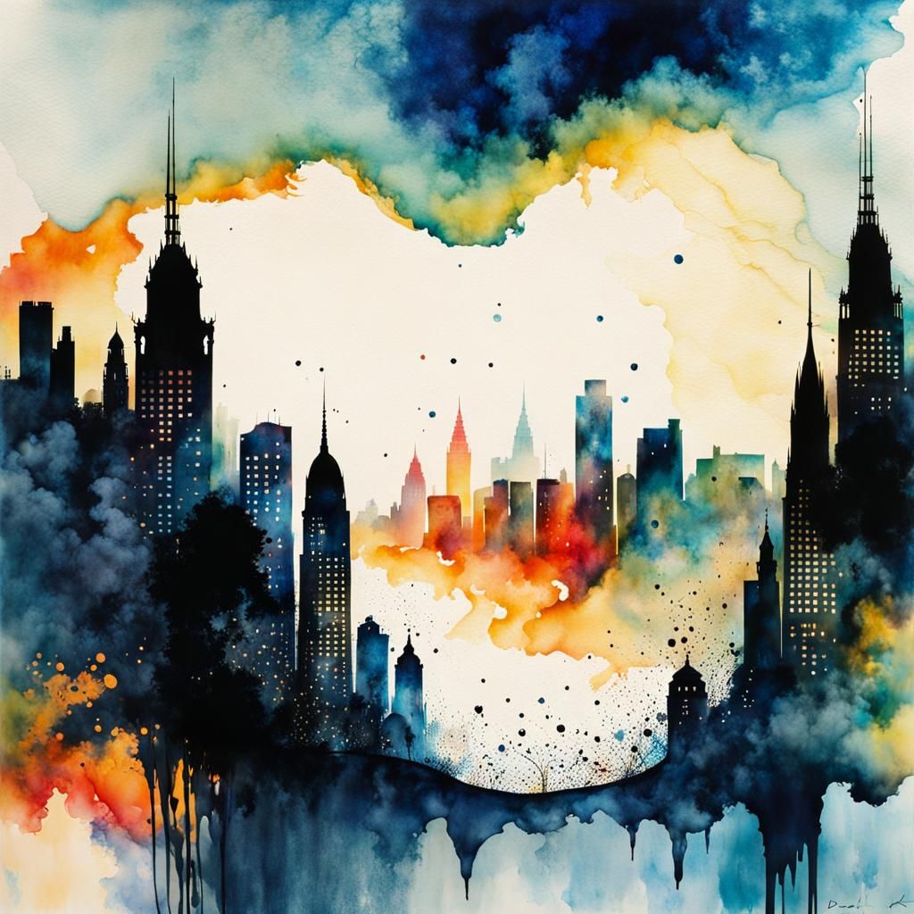Waves Overlaying City Silhouette in Watercolor and Ink
