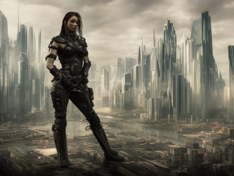 Dystopian Female Warrior in Hyperrealistic HDR Cityscape