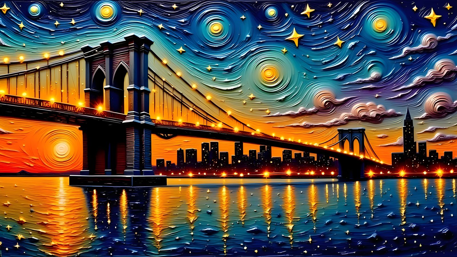 Brooklyn Bridge Impasto Painting with Dreamlike Sunset
