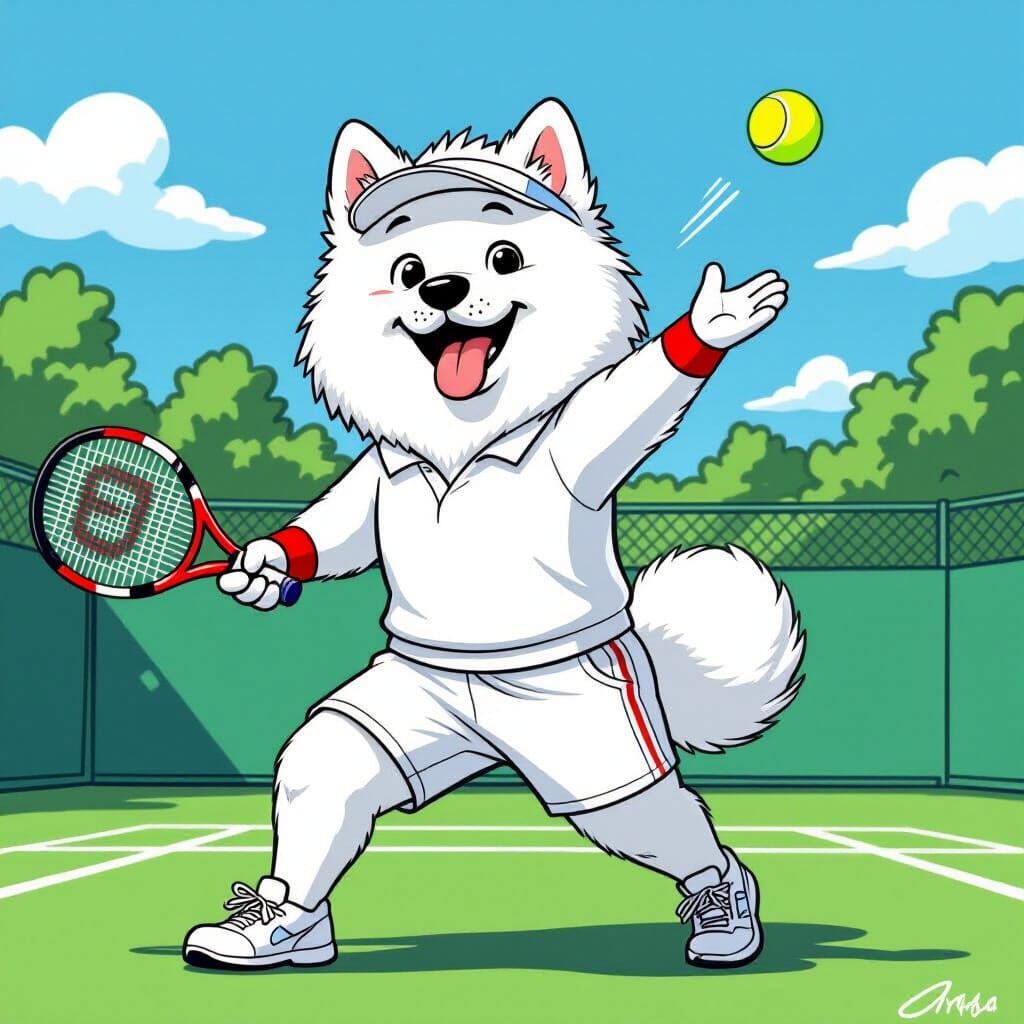 Cartoon Samoyed Dog Serves on Tennis Court