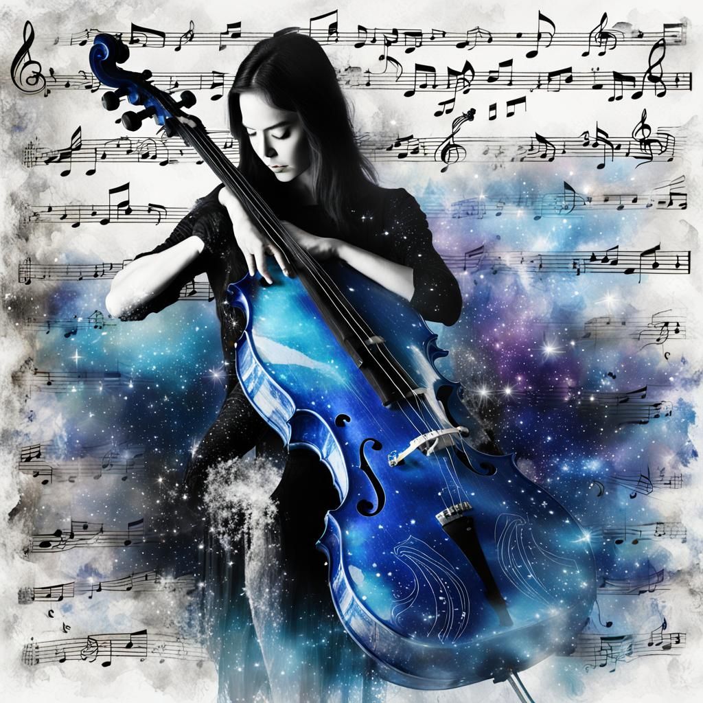 Crystal Woman with Cello in Astral Nightscape