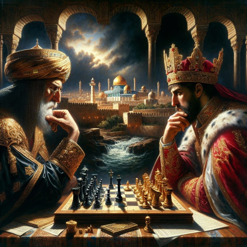 Saladin and King Baldwin playing chess and in deep discussio...