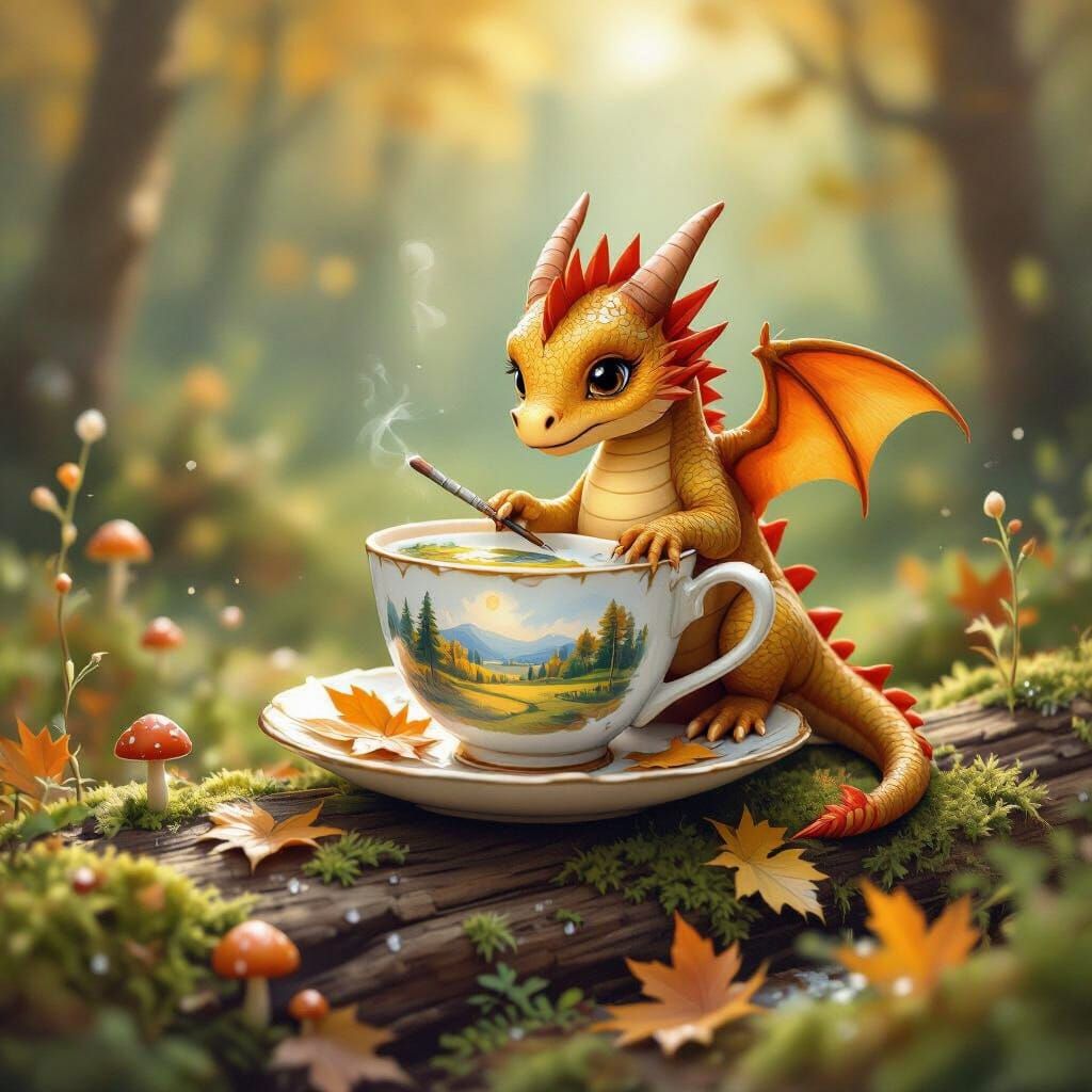 Teacup Dragon Paints Autumn Leaf in Storybook Style