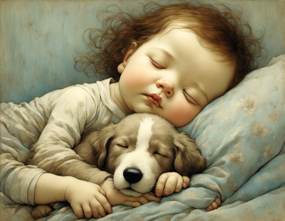 Sleeping Baby and Dog in Pencil Sketch Style