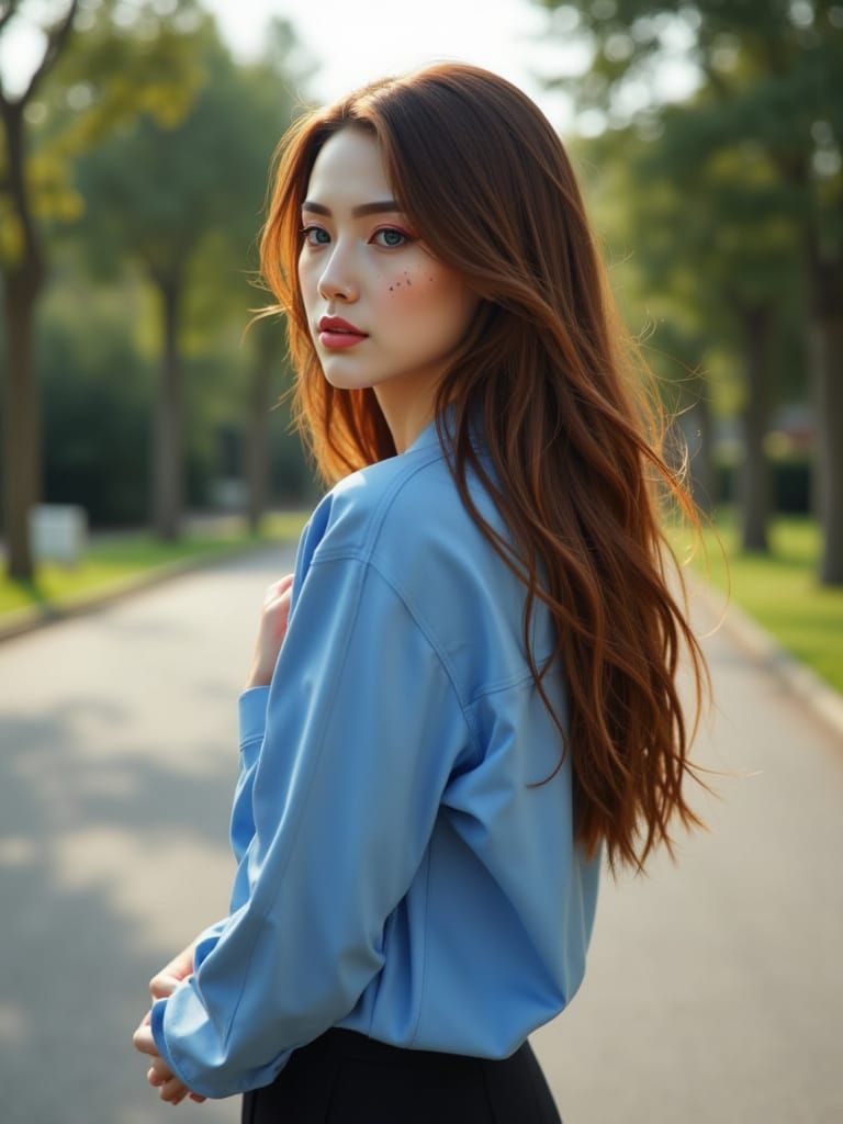 Woman with Brown Hair and Blue Eyes Outdoors