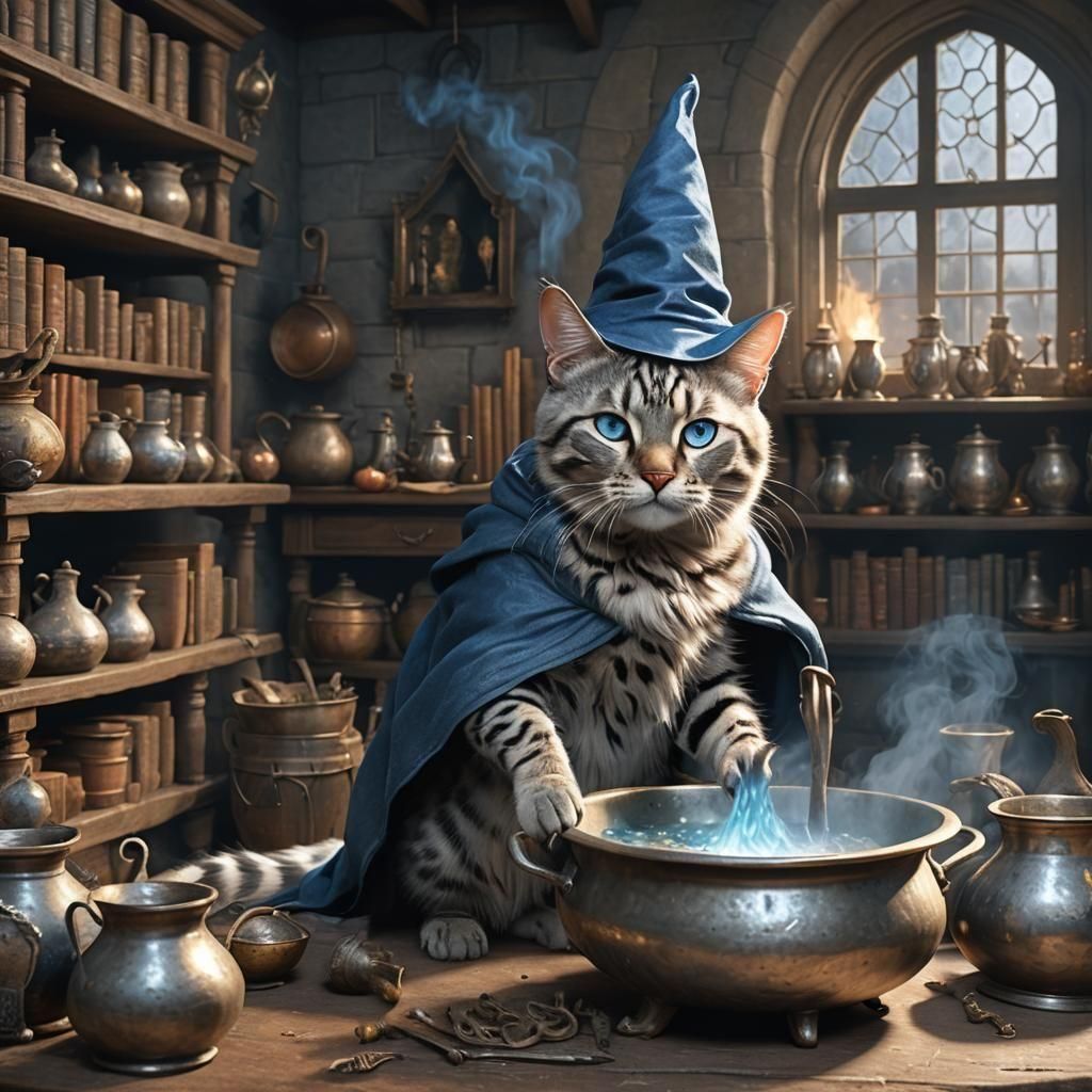 Blue Bengal Cat Brews Potion at Hogwarts
