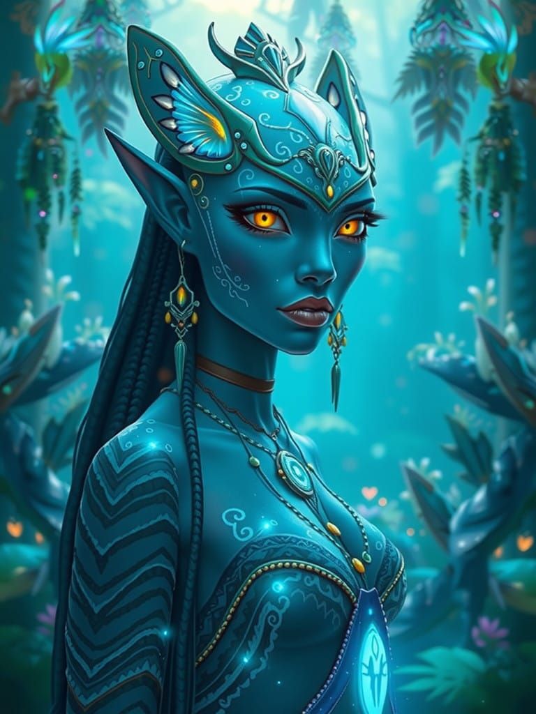 A Navi woman with iridescent, glimmering blue skin, adorned in intricately woven, organic attire crafted from natural fi...