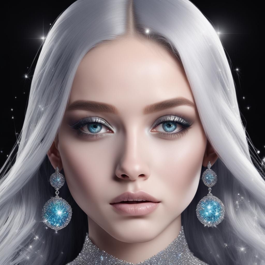 Beautiful young lady with long sliver hair loaded in heavy silver glitter all over her hair and Crystal blue eyes with g...