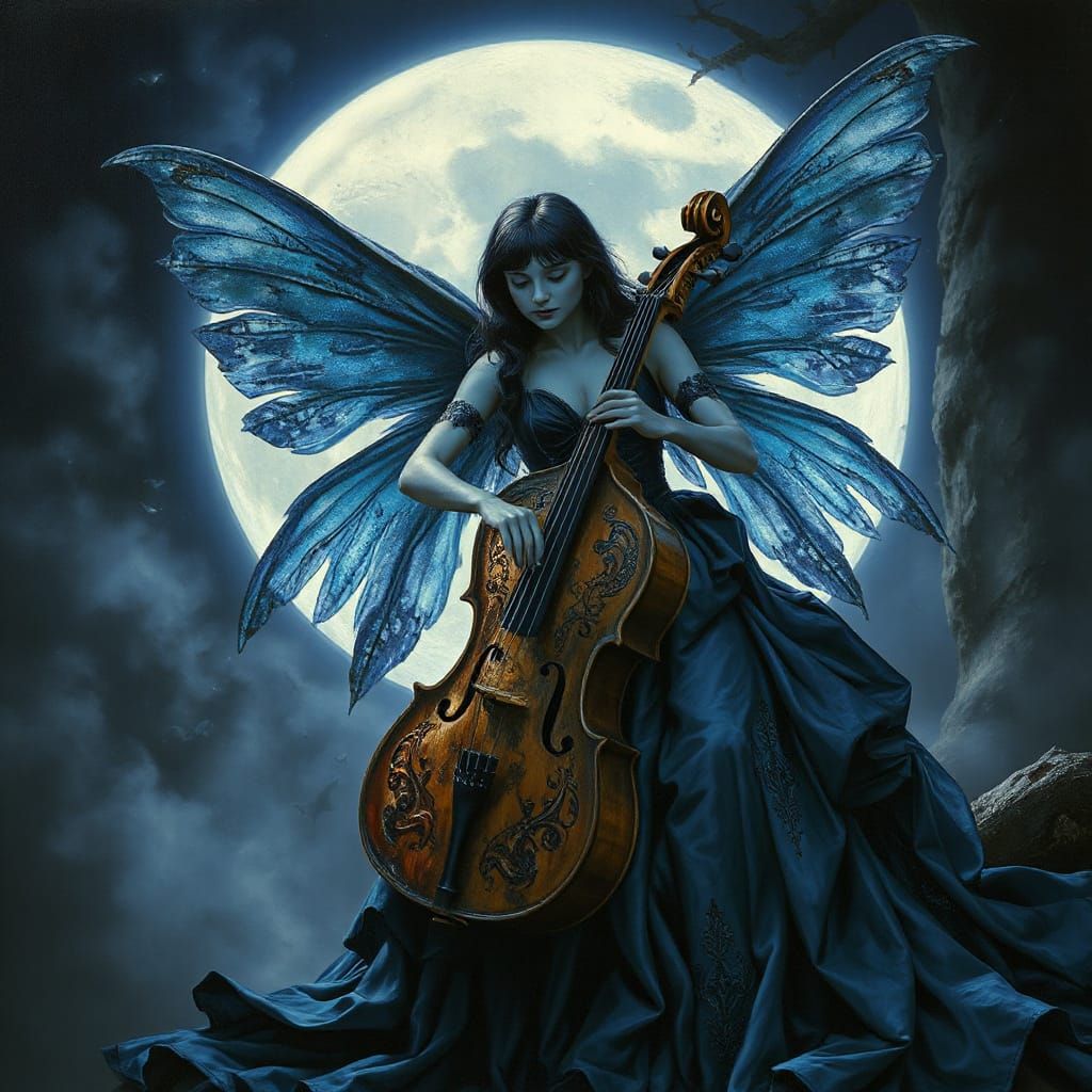 Blue Fairy Plays Cello in Gothic Moonlit Scene
