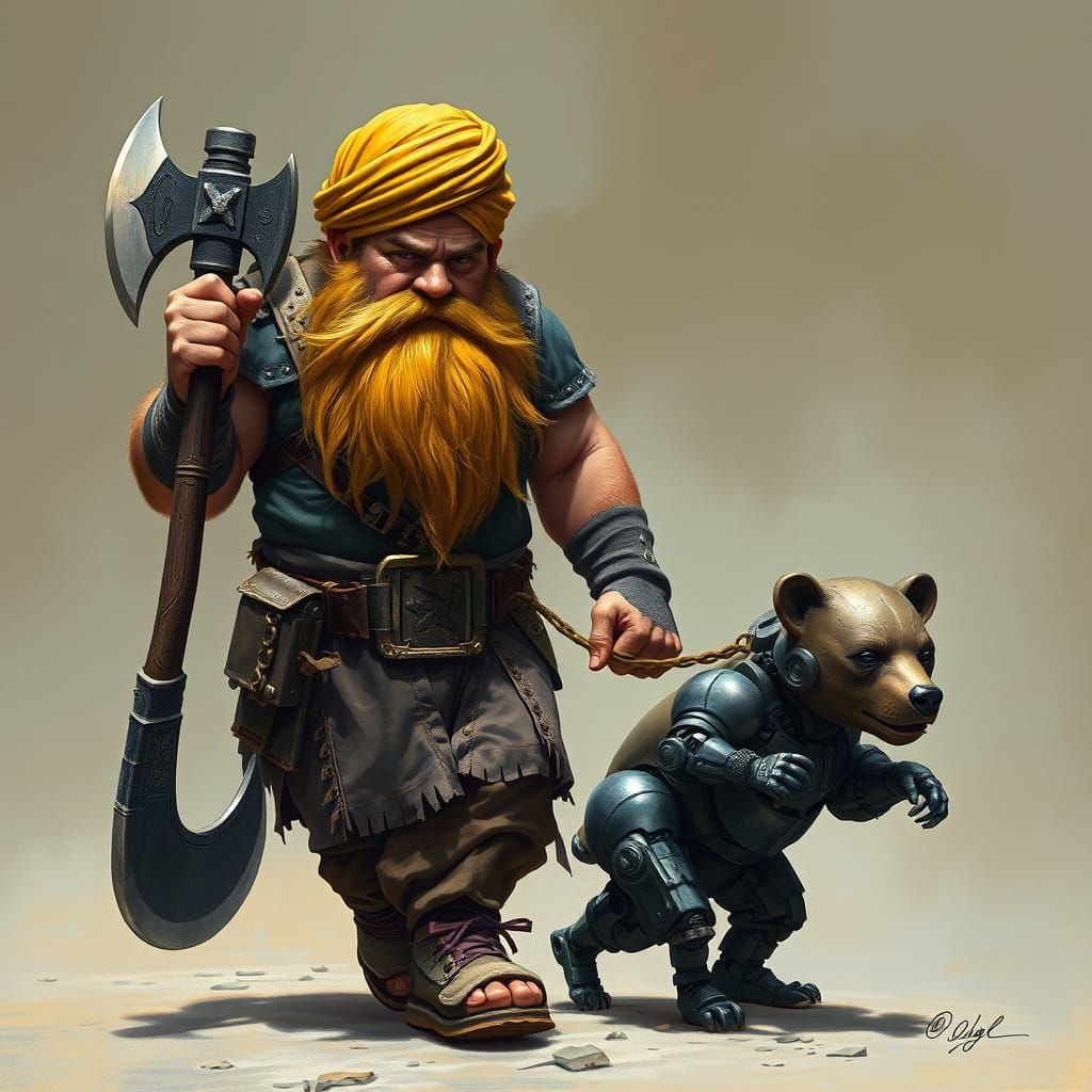 Dwarf Warrior and Cyborg Bear in Digital Art Style