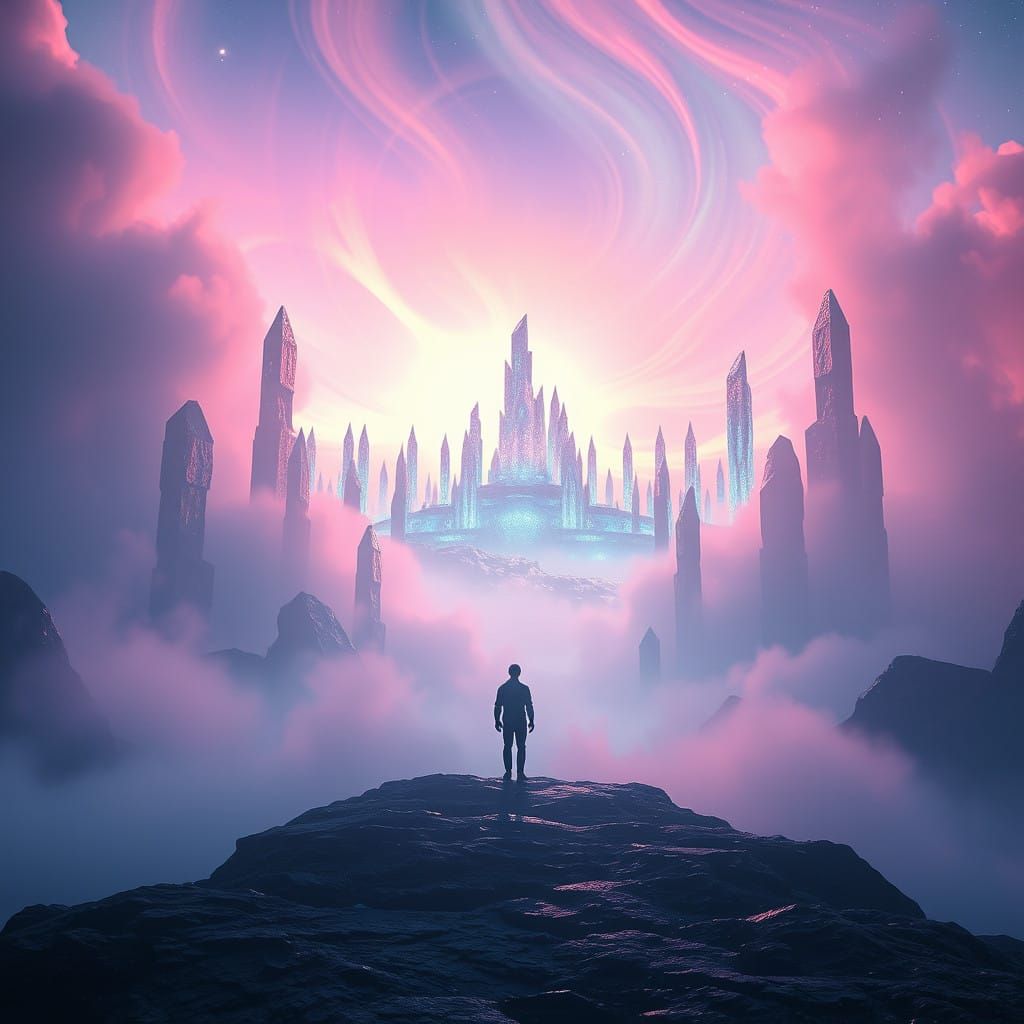 Surreal Figure Enters Dreamlike Realm at Dawn