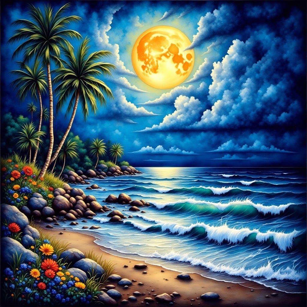 Whimsical Moonlit Mariana Islands Folk Art Masterpiece