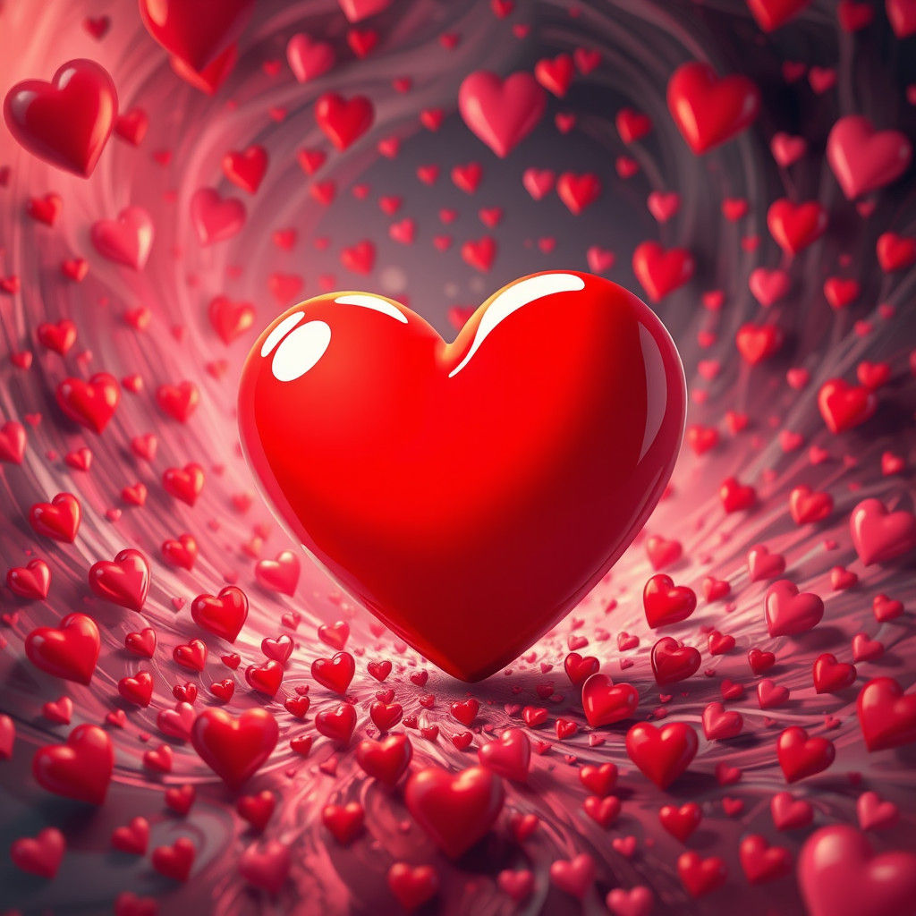 Vibrant 3D Cartoon Heart in a Vortex of Hearts