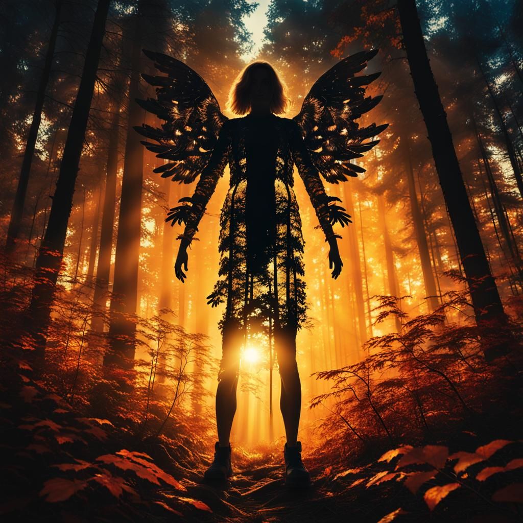 Autumnal Angel Silhouette in Double Exposure