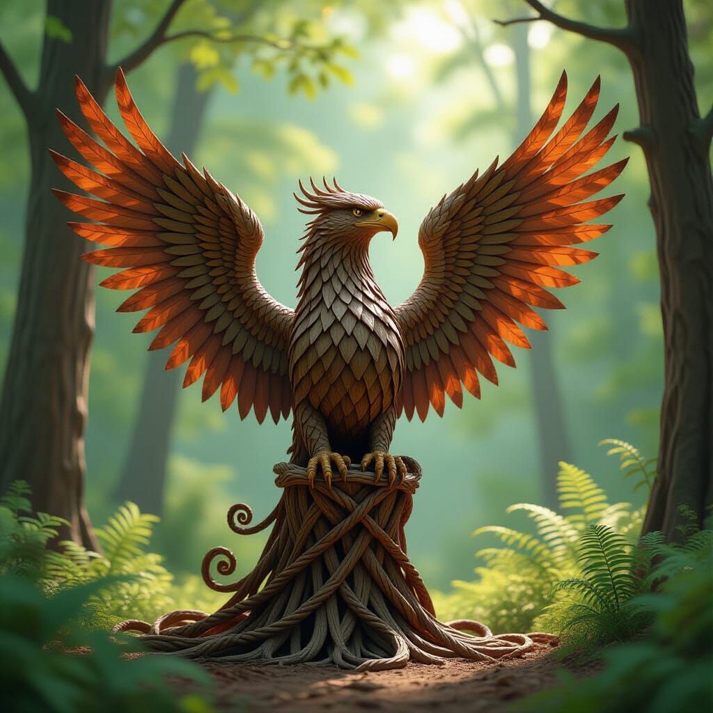 Art Nouveau Griffin Statue in Forest Clearing