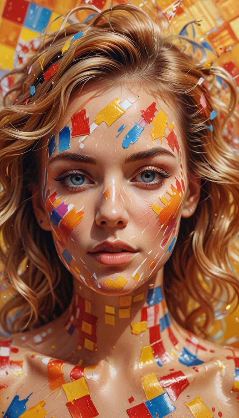 Gingham Print Portrait in Vibrant, Swirling Colors