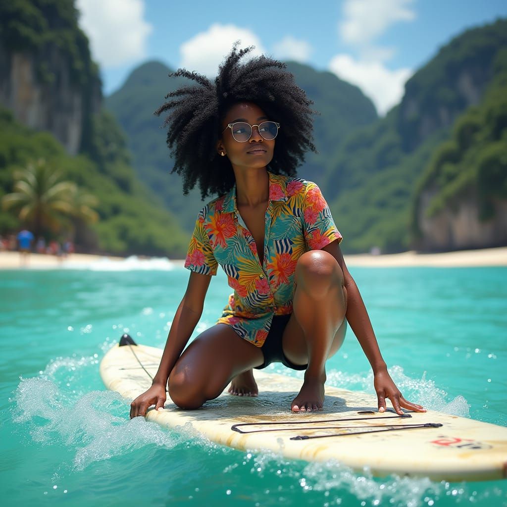 Nigerian Woman Surfing in Vibrant HDR Style