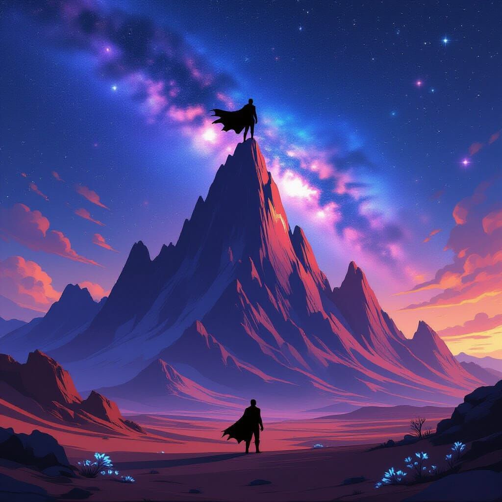 Superhero Overlooking Alien Desert in Anime Style