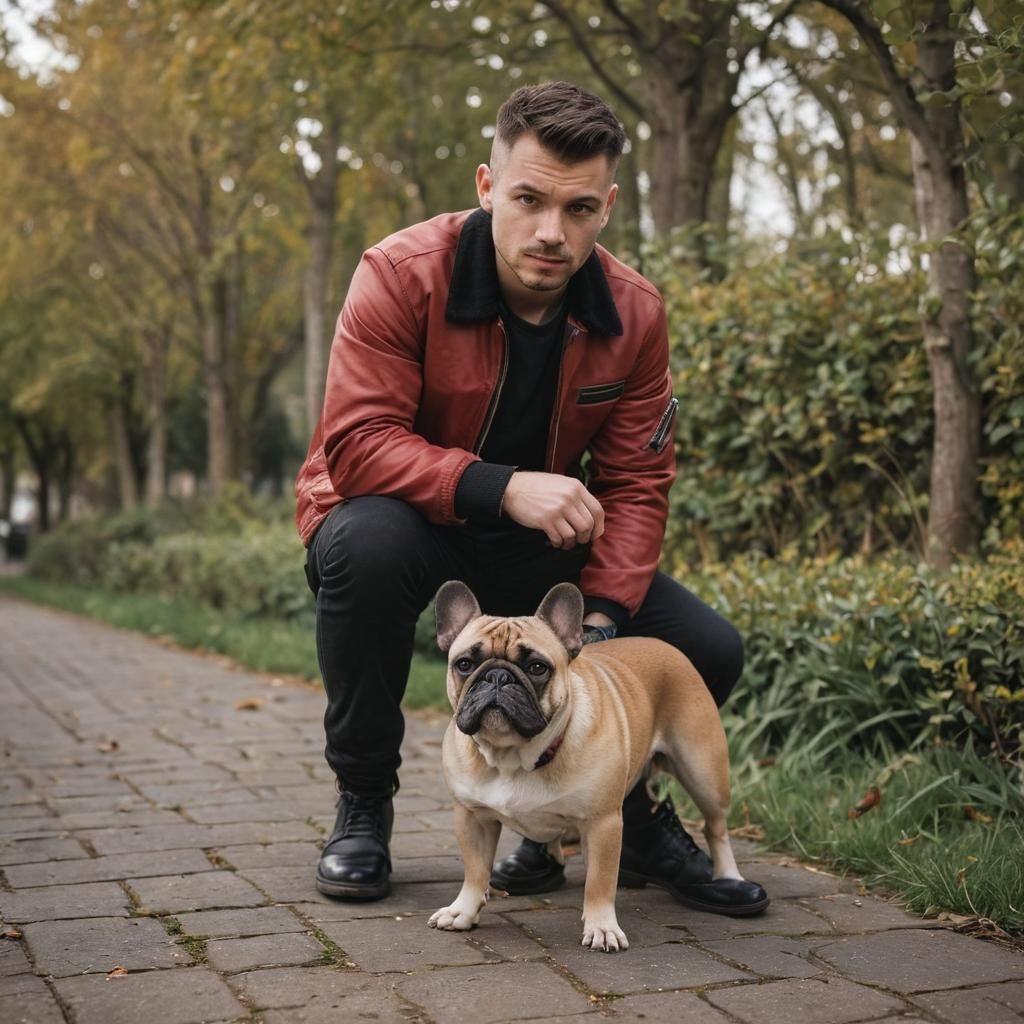 A Slavic Man in a Red Bomber Jacket, Kneeling with a French....