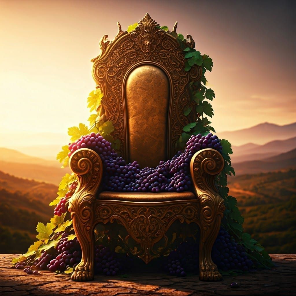 Golden Throne Adorned with Grapevines and Grapes in Sunset L...