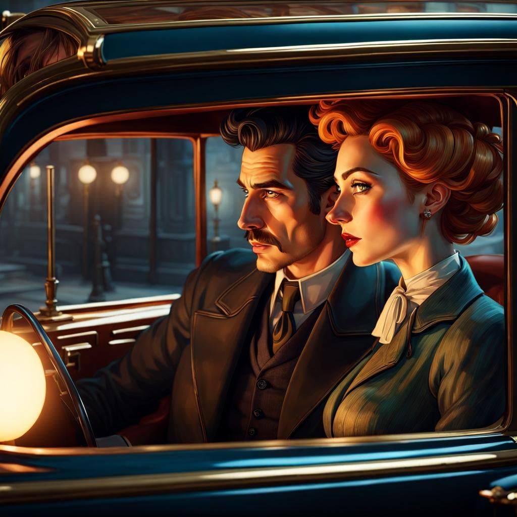 Detective and Lady in Car: Art Nouveau Style