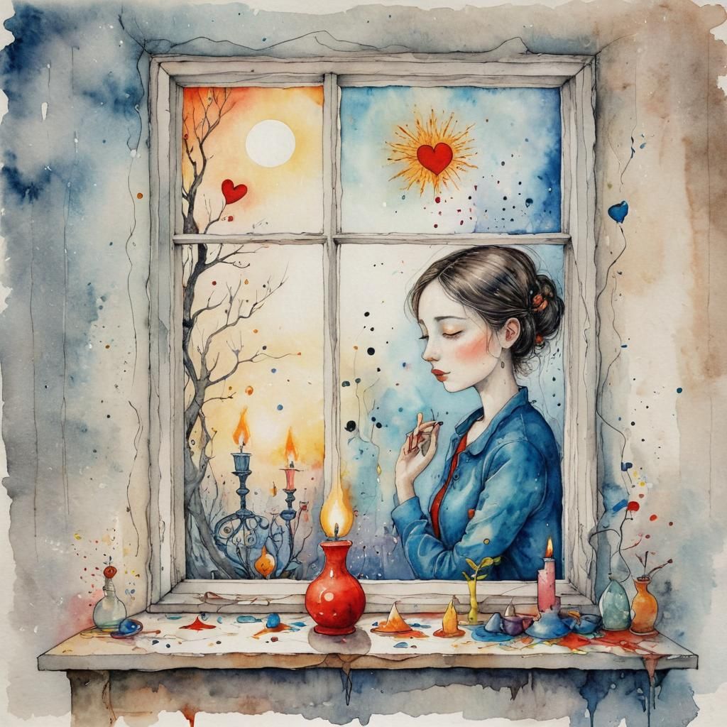 Surreal Candlelight Portrait in Watercolor and Ink