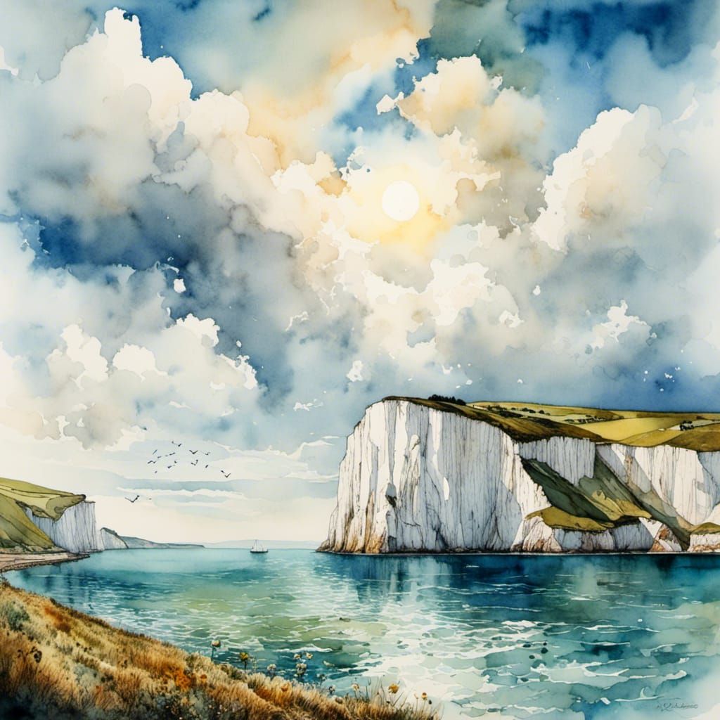 Dover White Cliffs: Romantic Watercolor Panorama