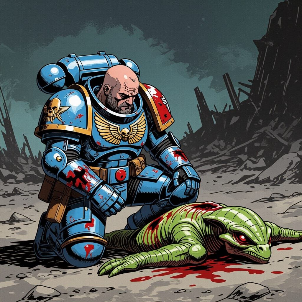 Space Marine Comforts Alien in Comic Book Style