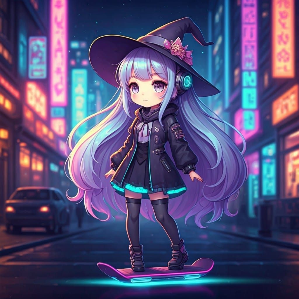Cyberpunk Chibi Witches on Hoverboards in Neon Cityscape