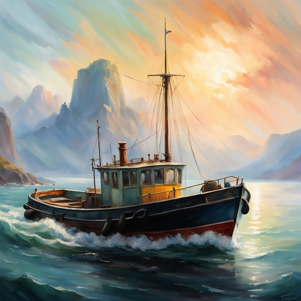 Surreal Sunset Tug Boat at Sea in Oil Painting Style