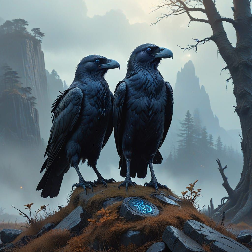Viking Warrior with Ravens in Dark Fantasy Landscape